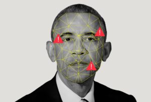 Le visage de Barak Obama en noir et blanc comportant des marqueurs pour effectuer une reconnaissance facial