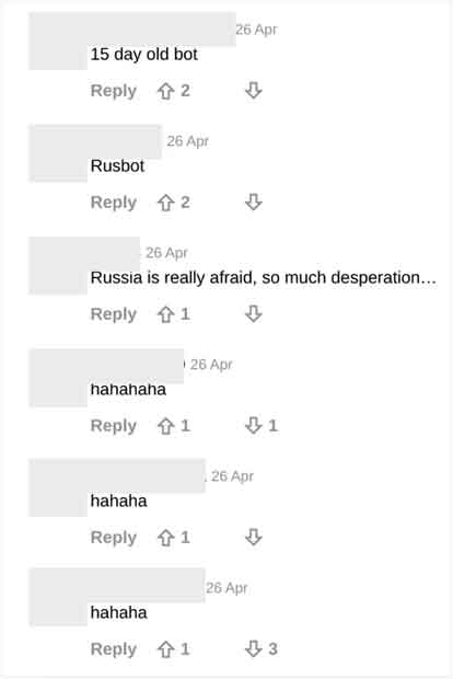 Commentaires postés par des bots dans le cadre d'une campagne de désinformation pilotée par le groupe ATP Russe Doppelganger