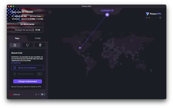 Interface connexion Proton VPN Serveur Etats-Unis version gratuite.