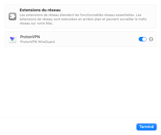 Extension du réseau proton vpn sur macOS