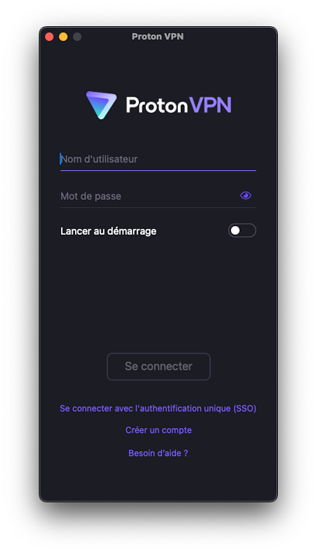 Page de connexion démarrage Proton VPN